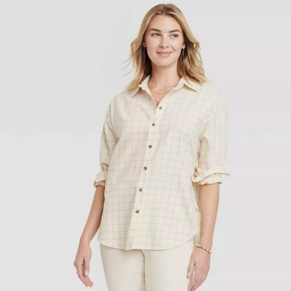 Universal Thread Long Sleeve Windowpane Grid Button-Down Shirt Cream Plaid XXL